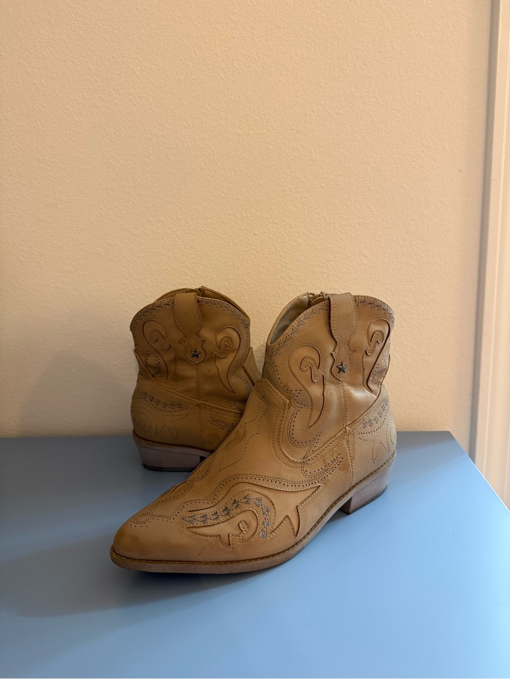 Tan Western Ankle Boots with Embroidered Detail